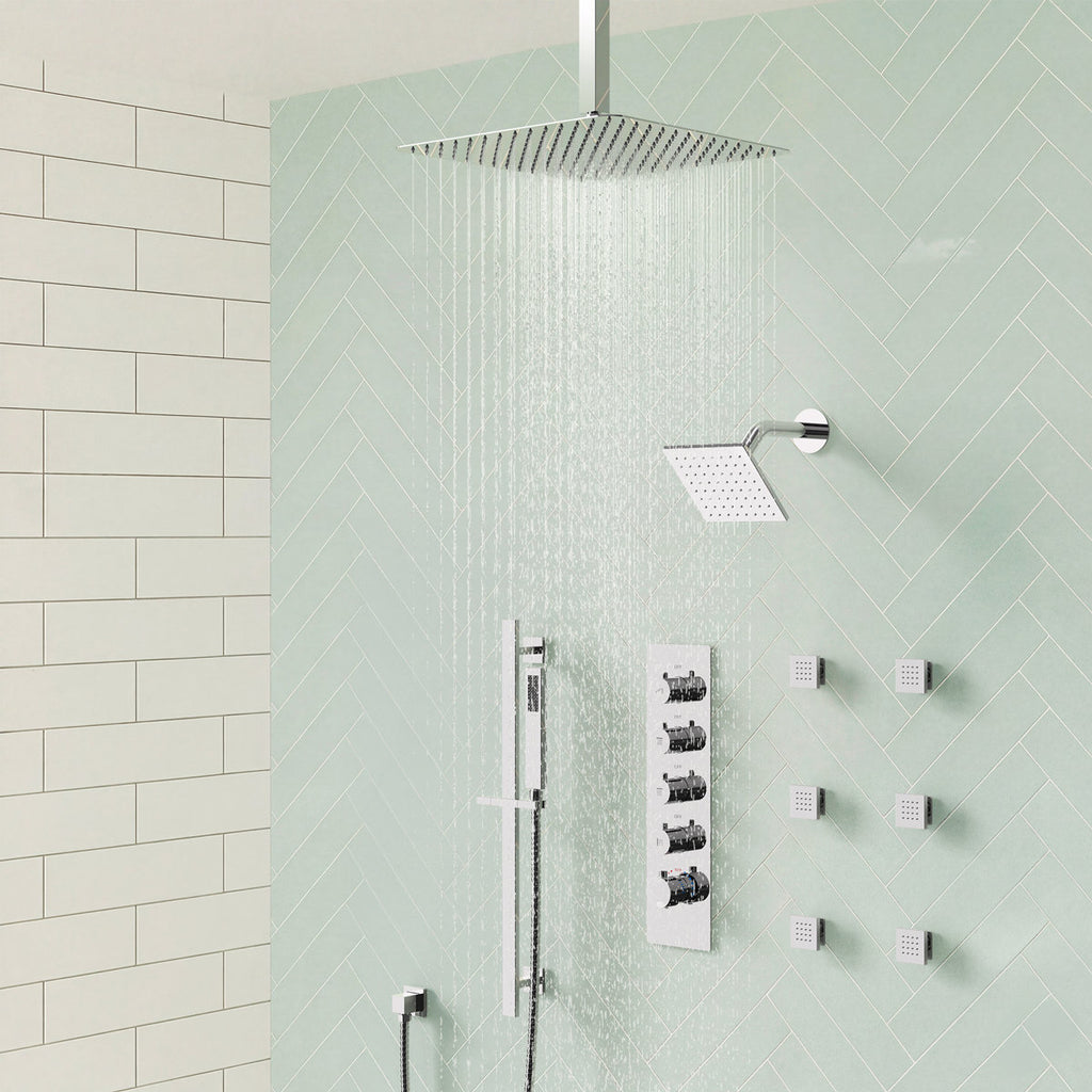 Ceiling Mount 16" High-Pressure Rainfall Shower Faucet, Dual Rainfall Shower Head System with Thermostatic Valve SFS-1031-CH16 - Chrome