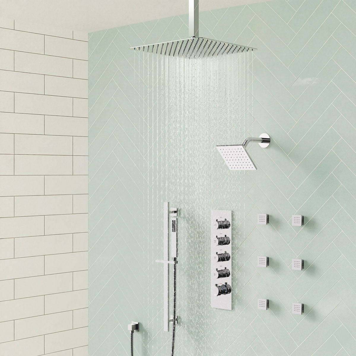 Ceiling Mount 16" High-Pressure Rainfall Shower Faucet, Dual Rainfall Shower Head System with Thermostatic Valve SFS-1031-CH16 - Chrome