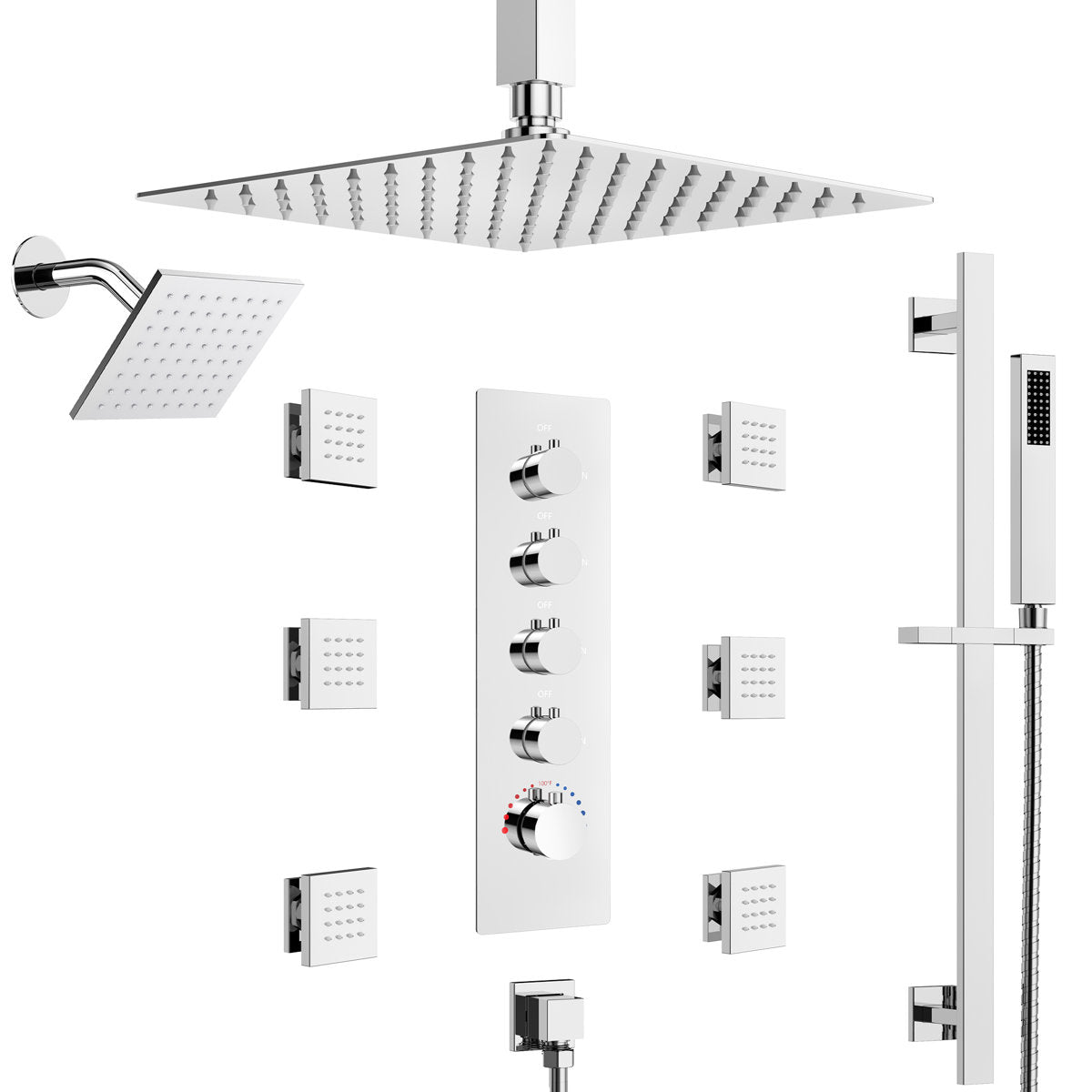 Ceiling Mount 16" High-Pressure Rainfall Shower Faucet, Dual Rainfall Shower Head System with Thermostatic Valve SFS-1031-CH16 - Chrome