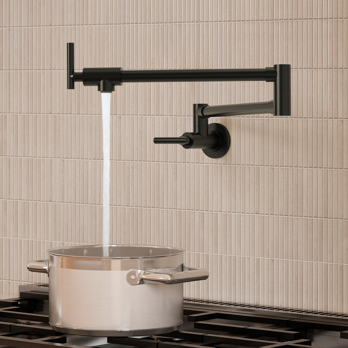 Wall Mount Pot Filler Faucet with Retractable Arm, 2-Handle Kitchen Faucet for Stove Use SFS-1088-BK - Matte Black