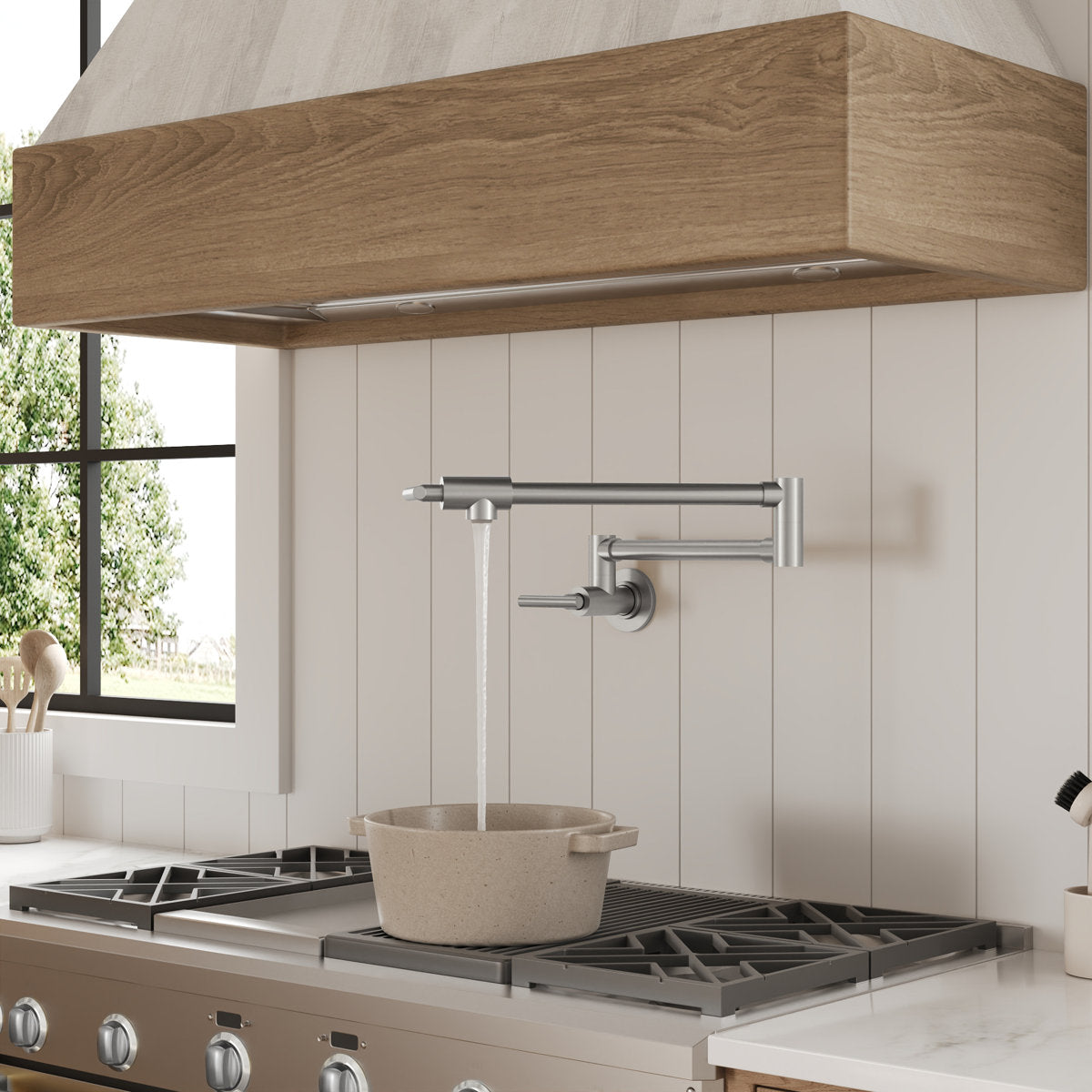 Wall Mount Pot Filler Faucet with Retractable Arm, 2-Handle Kitchen Faucet for Stove Use SFS-1088-NK - Brushed Nickel
