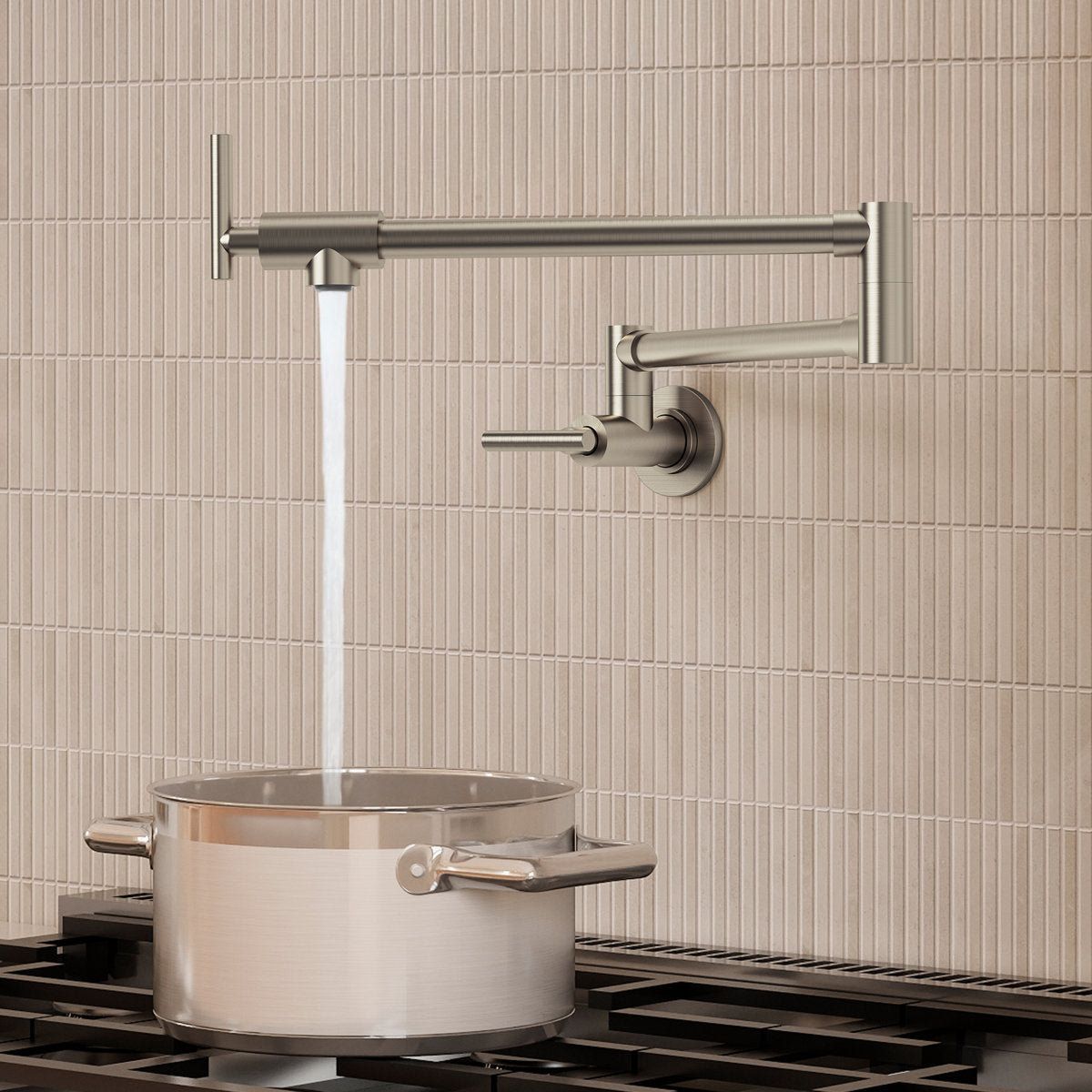 Wall Mount Pot Filler Faucet with Retractable Arm, 2-Handle Kitchen Faucet for Stove Use SFS-1088-NK - Brushed Nickel