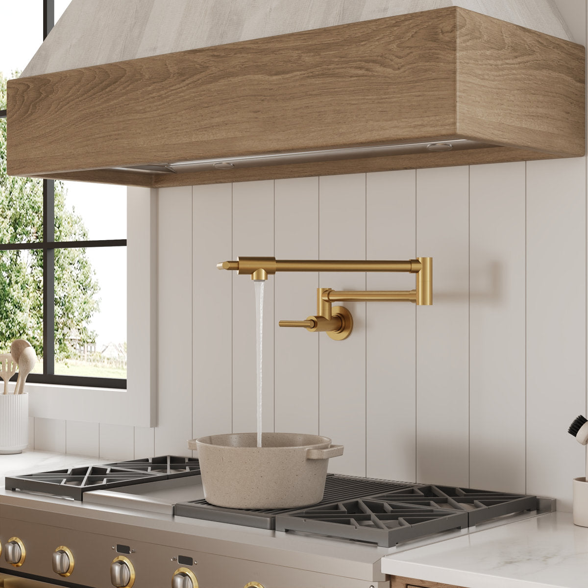 Wall Mount Pot Filler Faucet with Retractable Arm, 2-Handle Kitchen Faucet for Stove Use SFS-1088-GD - Brushed Gold