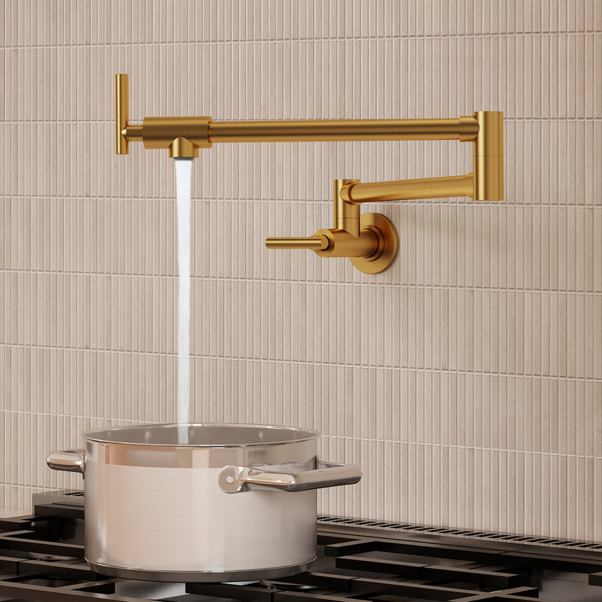 Wall Mount Pot Filler Faucet with Retractable Arm, 2-Handle Kitchen Faucet for Stove Use SFS-1088-GD - Brushed Gold