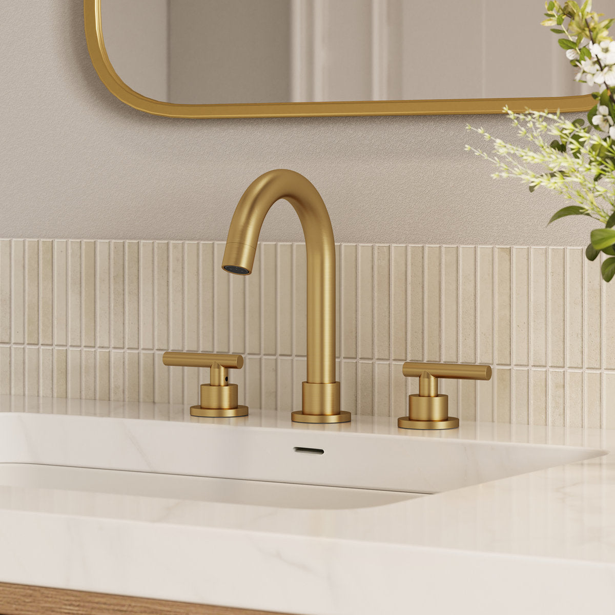 Widespread Bathroom Faucet 3 Hole, 2-Handle Bathroom Sink Faucet with Drain Assembly SFS-1112-GD - Brushed Gold