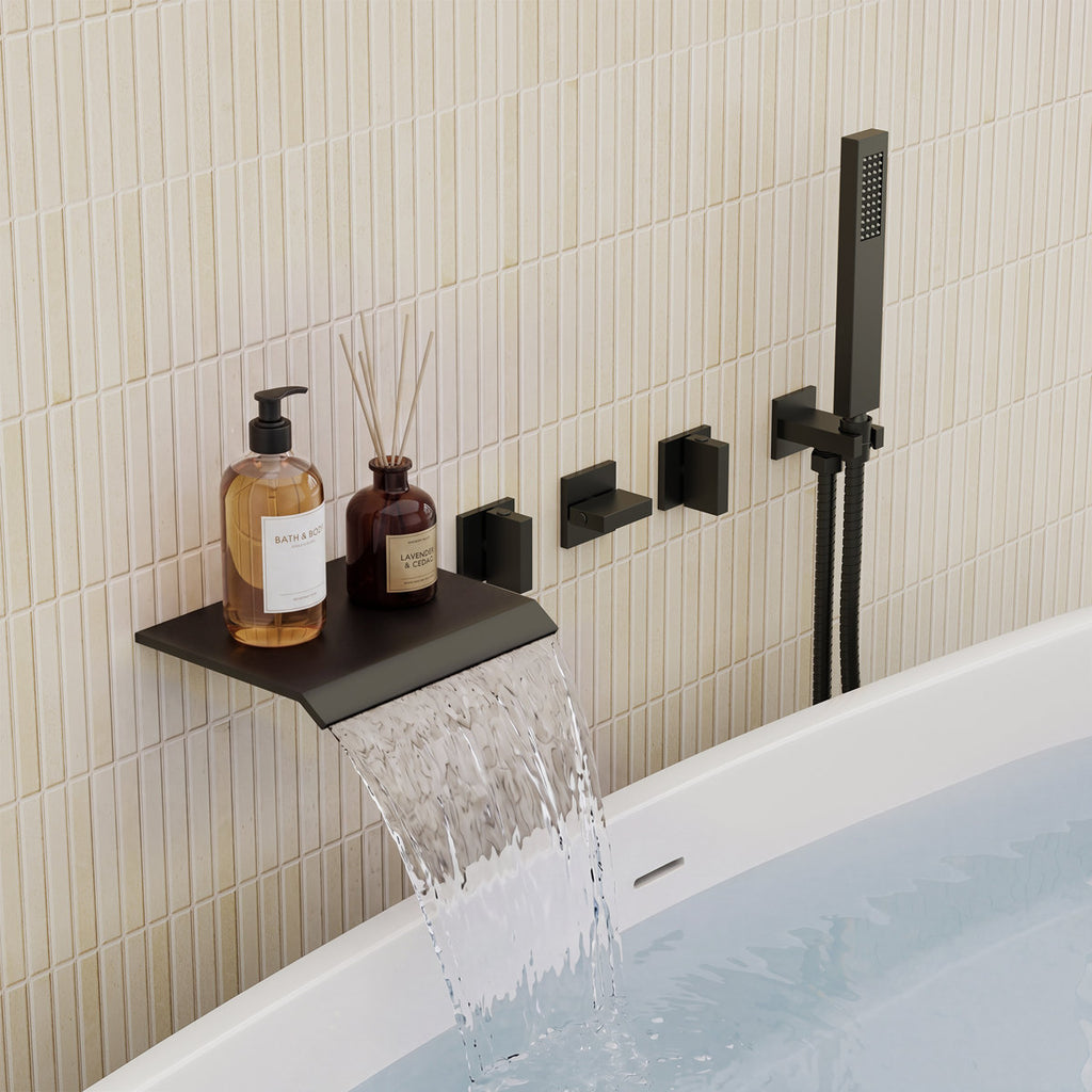 Wall Mounted Waterfall Tub Spout Bathtub Faucet with Diverter & Handheld Shower SFS-1111-BK - Matte Black