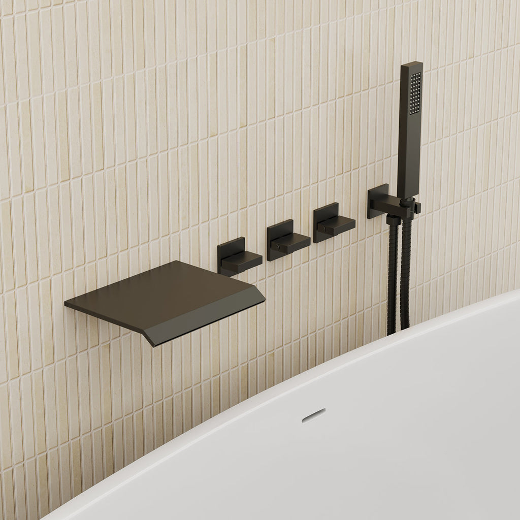 Wall Mounted Waterfall Tub Spout Bathtub Faucet with Diverter & Handheld Shower SFS-1111-BK - Matte Black