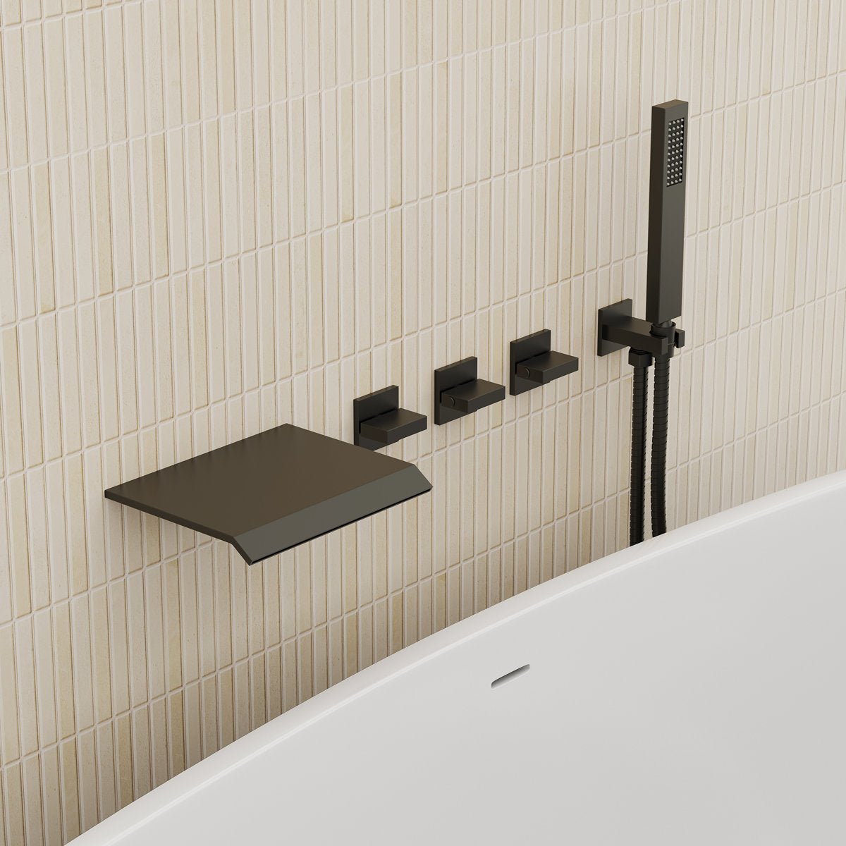 Wall Mounted Waterfall Tub Spout Bathtub Faucet with Diverter & Handheld Shower SFS-1111-BK - Matte Black