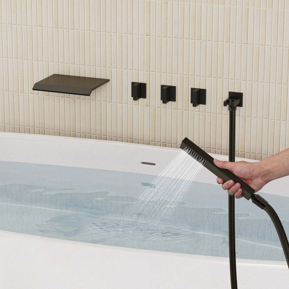Wall Mounted Waterfall Tub Spout Bathtub Faucet with Diverter & Handheld Shower SFS-1111-BK - Matte Black
