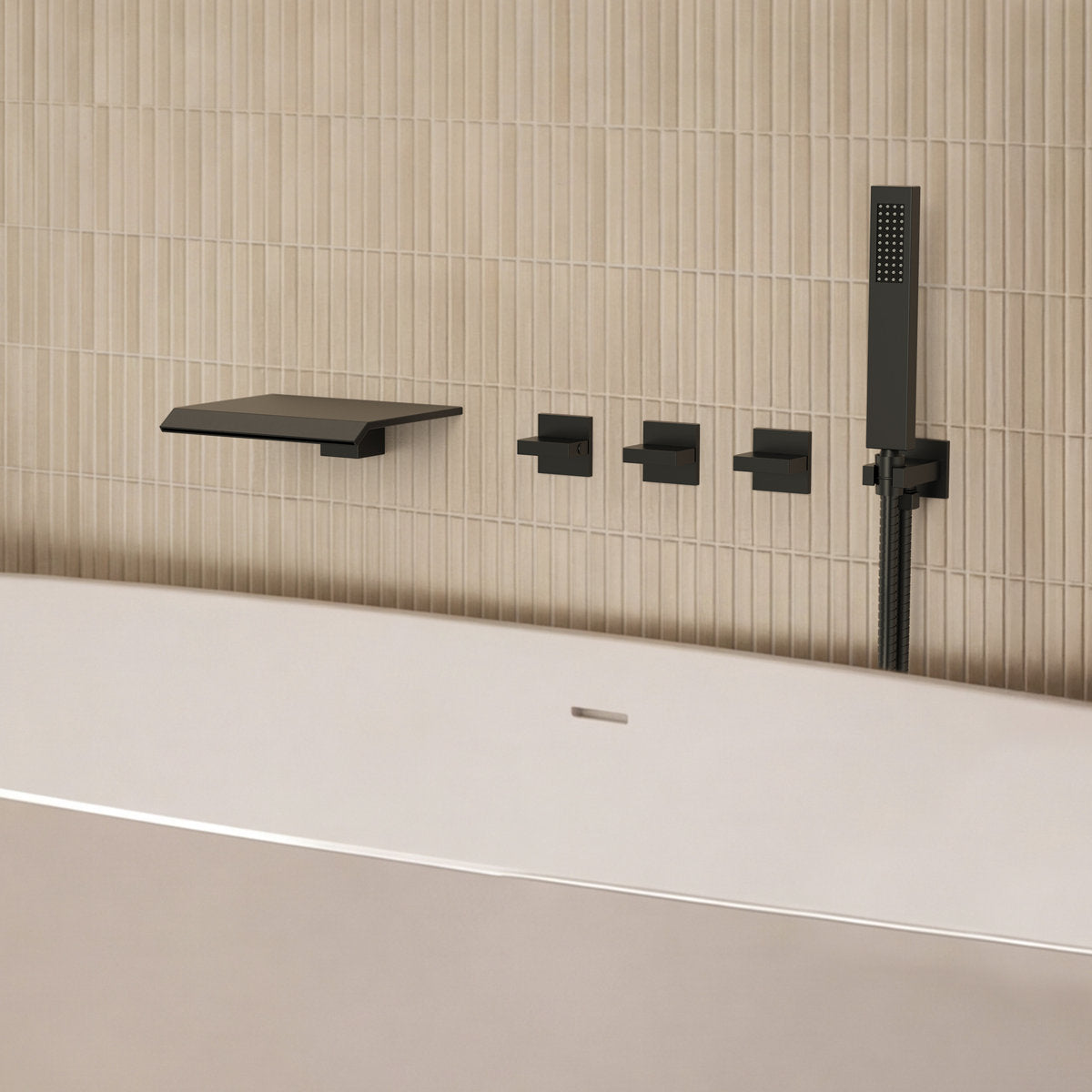 Wall Mounted Waterfall Tub Spout Bathtub Faucet with Diverter & Handheld Shower SFS-1111-BK - Matte Black