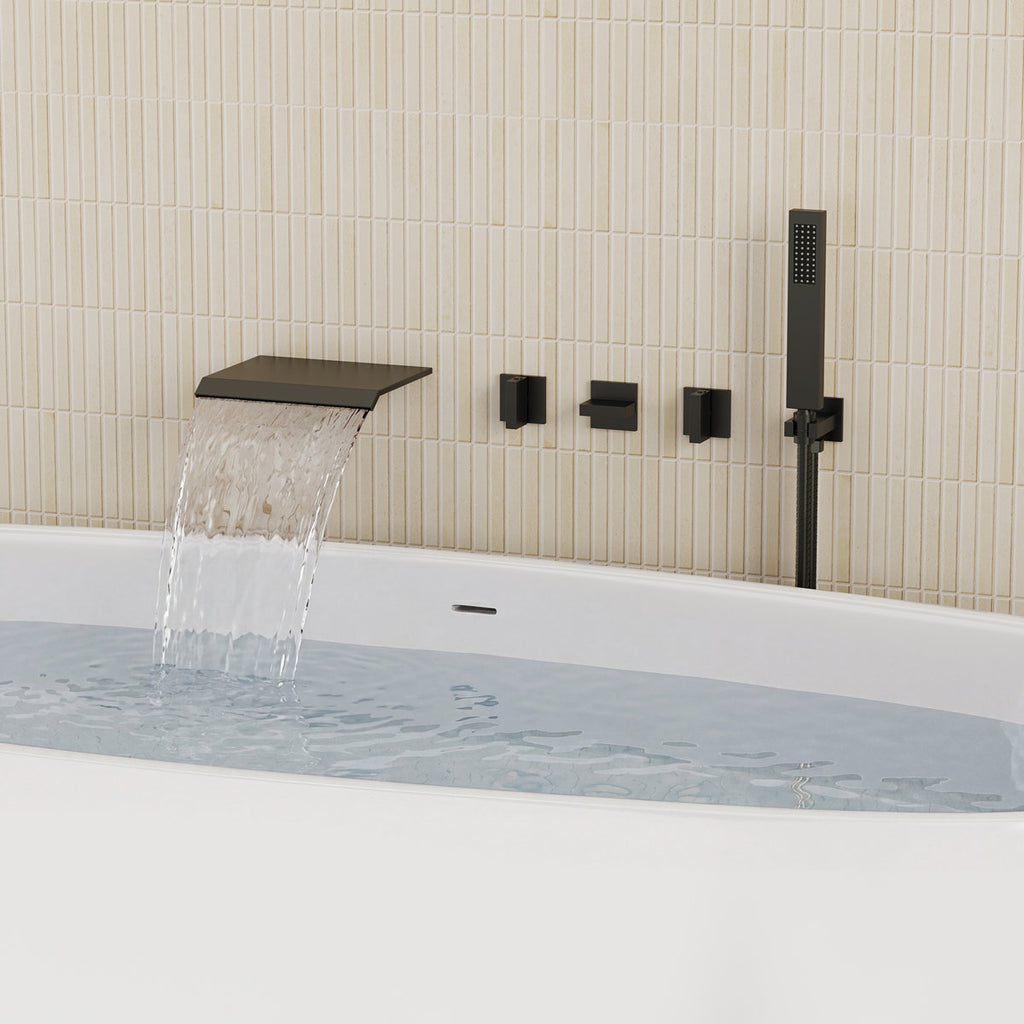 Wall Mounted Waterfall Tub Spout Bathtub Faucet with Diverter & Handheld Shower SFS-1111-BK - Matte Black
