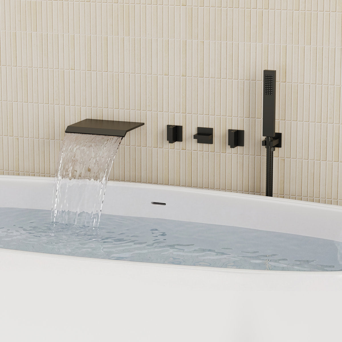 Wall Mounted Waterfall Tub Spout Bathtub Faucet with Diverter & Handheld Shower SFS-1111-BK - Matte Black