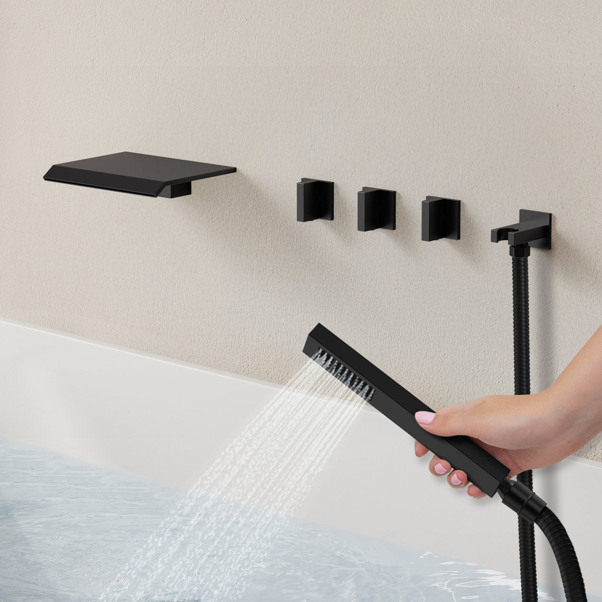 Wall Mounted Waterfall Tub Spout Bathtub Faucet with Diverter & Handheld Shower SFS-1111-BK - Matte Black