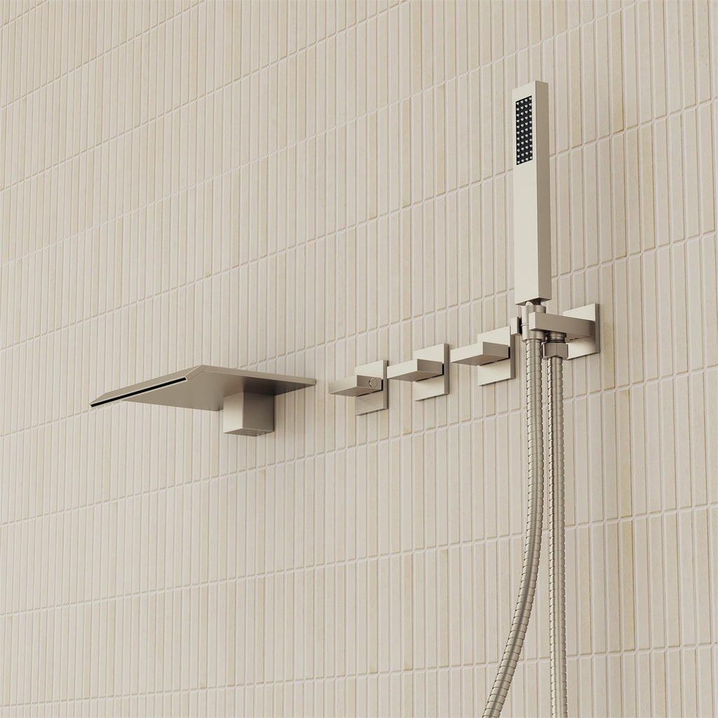 Wall Mounted Waterfall Tub Spout Bathtub Faucet with Diverter & Handheld Shower SFS-1111-NK - Brushed Nickel