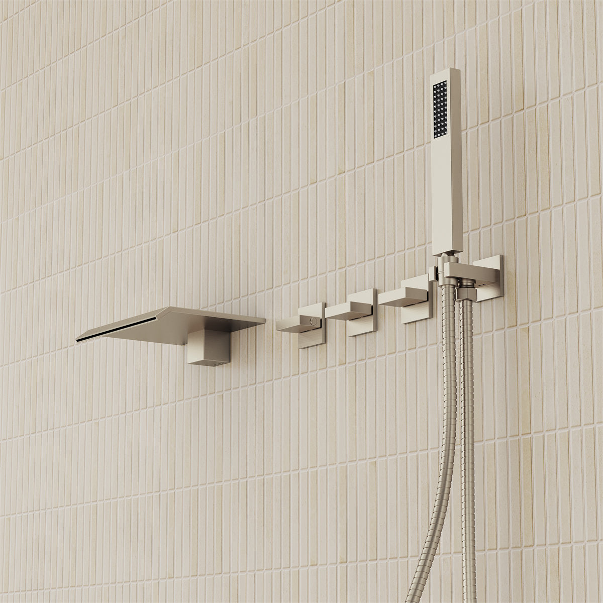 Wall Mounted Waterfall Tub Spout Bathtub Faucet with Diverter & Handheld Shower SFS-1111-NK - Brushed Nickel