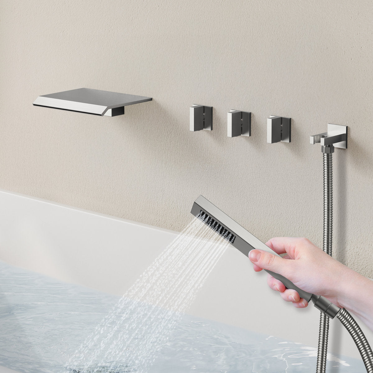 Wall Mounted Waterfall Tub Spout Bathtub Faucet with Diverter & Handheld Shower SFS-1111-NK - Brushed Nickel
