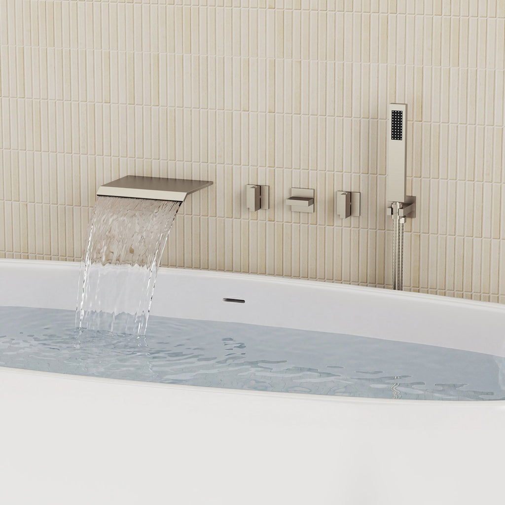 Wall Mounted Waterfall Tub Spout Bathtub Faucet with Diverter & Handheld Shower SFS-1111-NK - Brushed Nickel