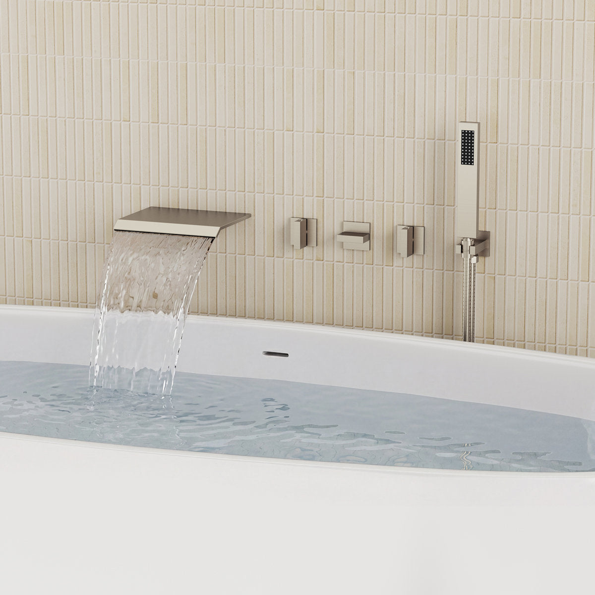 Wall Mounted Waterfall Tub Spout Bathtub Faucet with Diverter & Handheld Shower SFS-1111-NK - Brushed Nickel