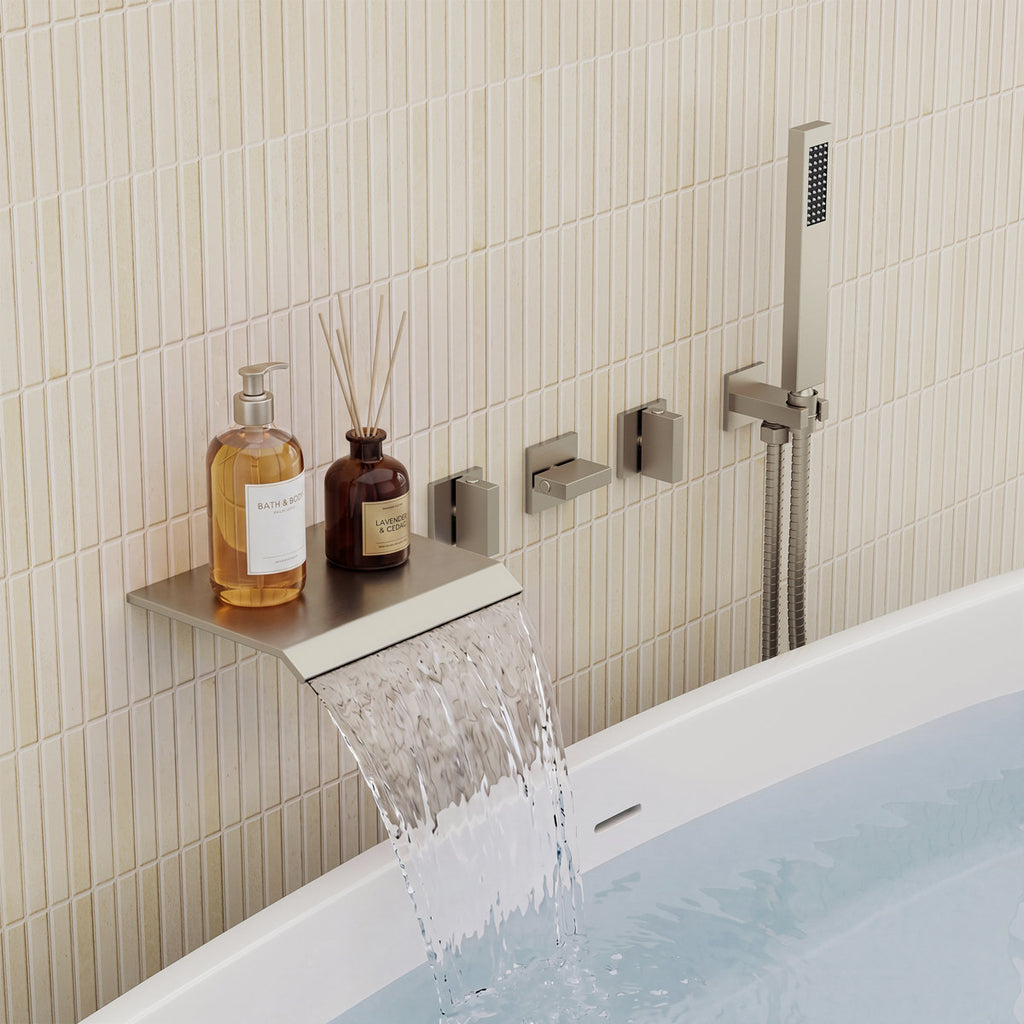 Wall Mounted Waterfall Tub Spout Bathtub Faucet with Diverter & Handheld Shower SFS-1111-NK - Brushed Nickel
