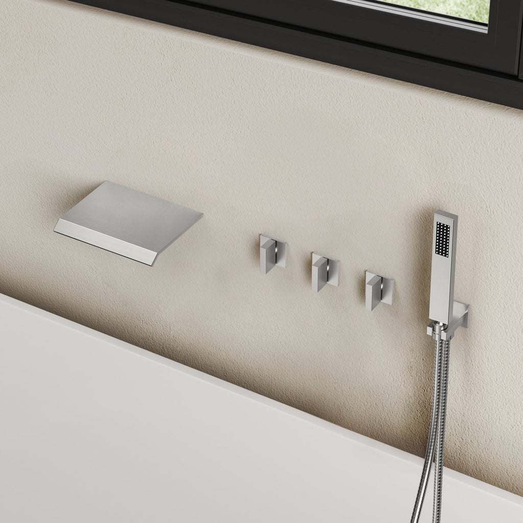 Wall Mounted Waterfall Tub Spout Bathtub Faucet with Diverter & Handheld Shower SFS-1111-NK - Brushed Nickel