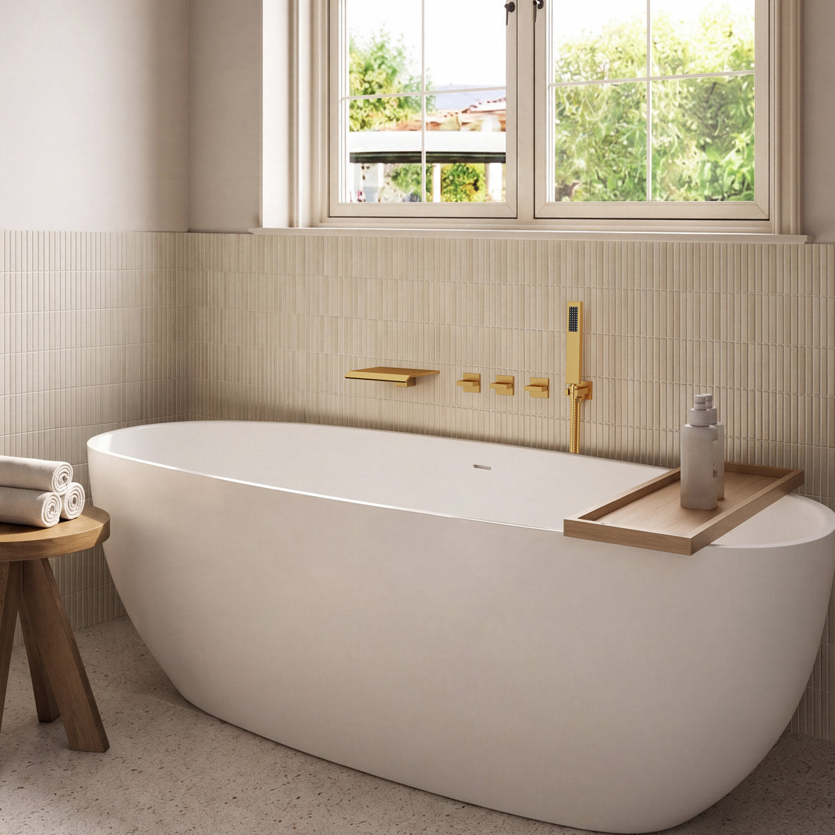 Wall Mounted Waterfall Tub Spout Bathtub Faucet with Diverter & Handheld Shower SFS-1111-GD - Brushed Gold