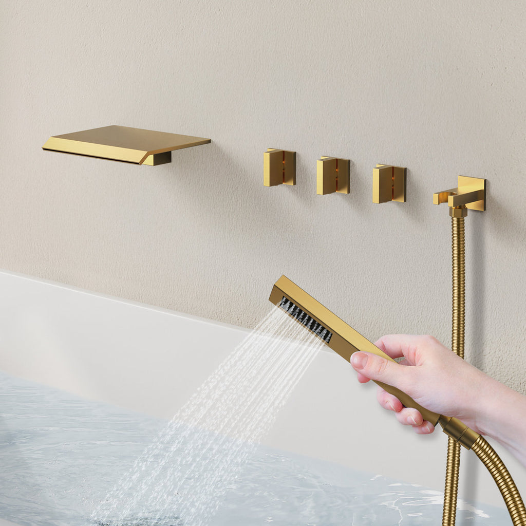 Wall Mounted Waterfall Tub Spout Bathtub Faucet with Diverter & Handheld Shower SFS-1111-GD - Brushed Gold