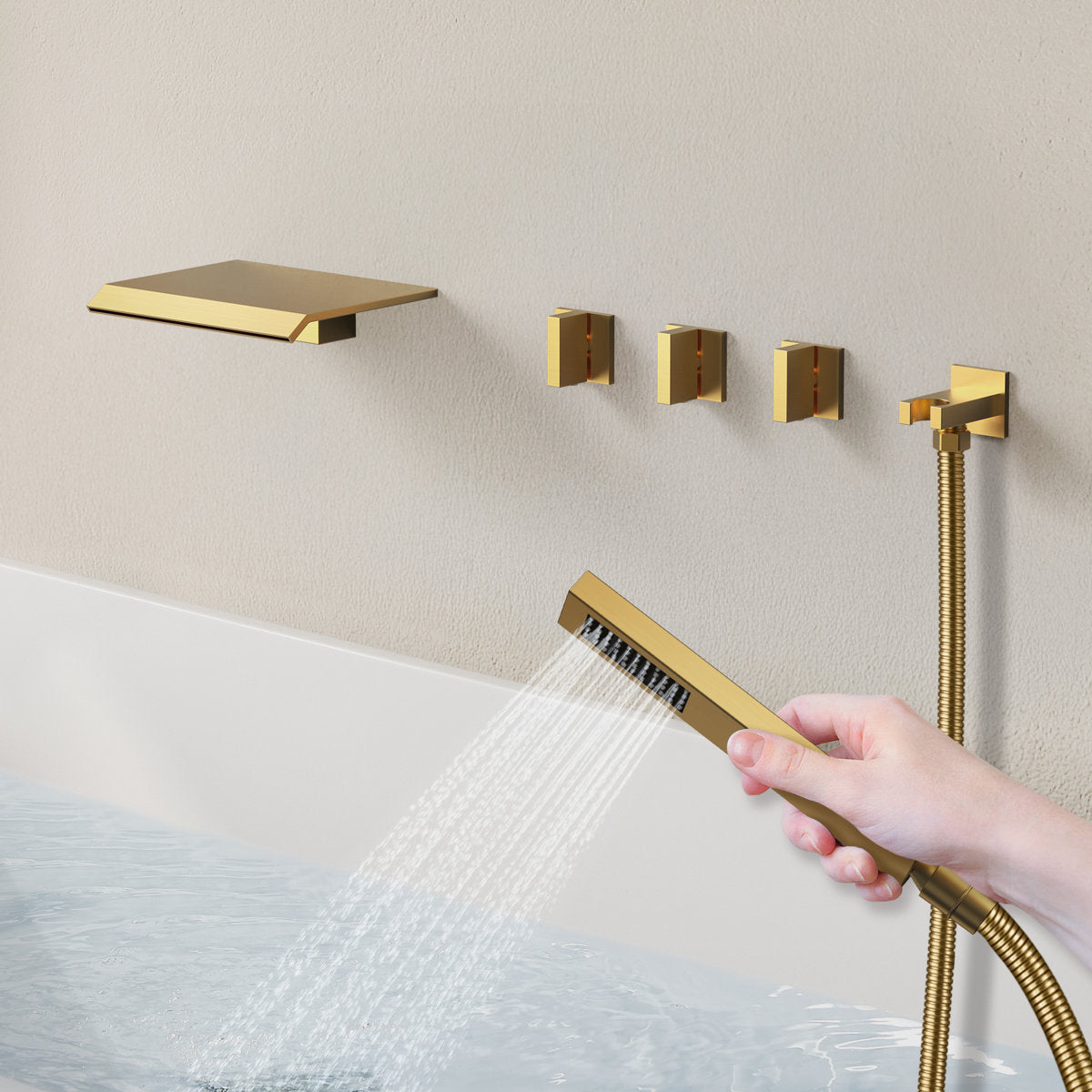 Wall Mounted Waterfall Tub Spout Bathtub Faucet with Diverter & Handheld Shower SFS-1111-GD - Brushed Gold