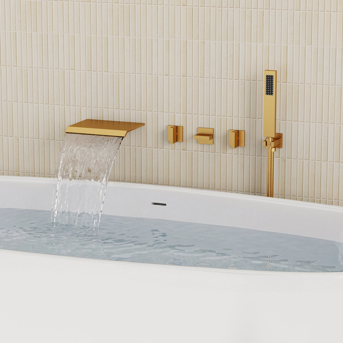 Wall Mounted Waterfall Tub Spout Bathtub Faucet with Diverter & Handheld Shower SFS-1111-GD - Brushed Gold