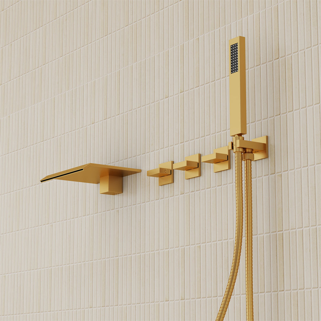 Wall Mounted Waterfall Tub Spout Bathtub Faucet with Diverter & Handheld Shower SFS-1111-GD - Brushed Gold