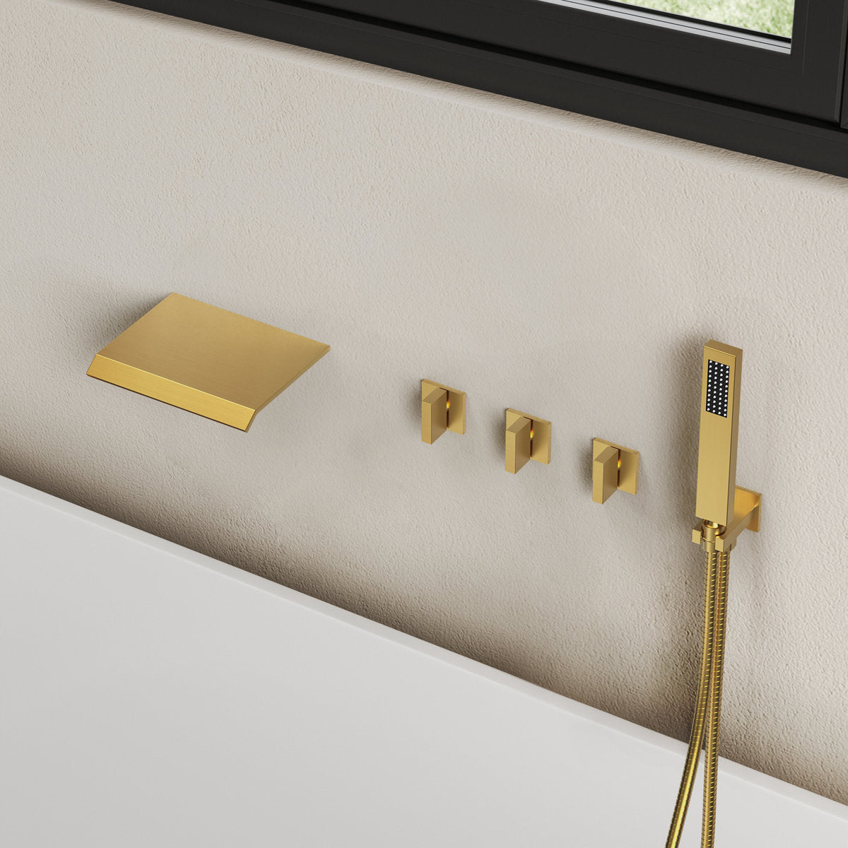 Wall Mounted Waterfall Tub Spout Bathtub Faucet with Diverter & Handheld Shower SFS-1111-GD - Brushed Gold