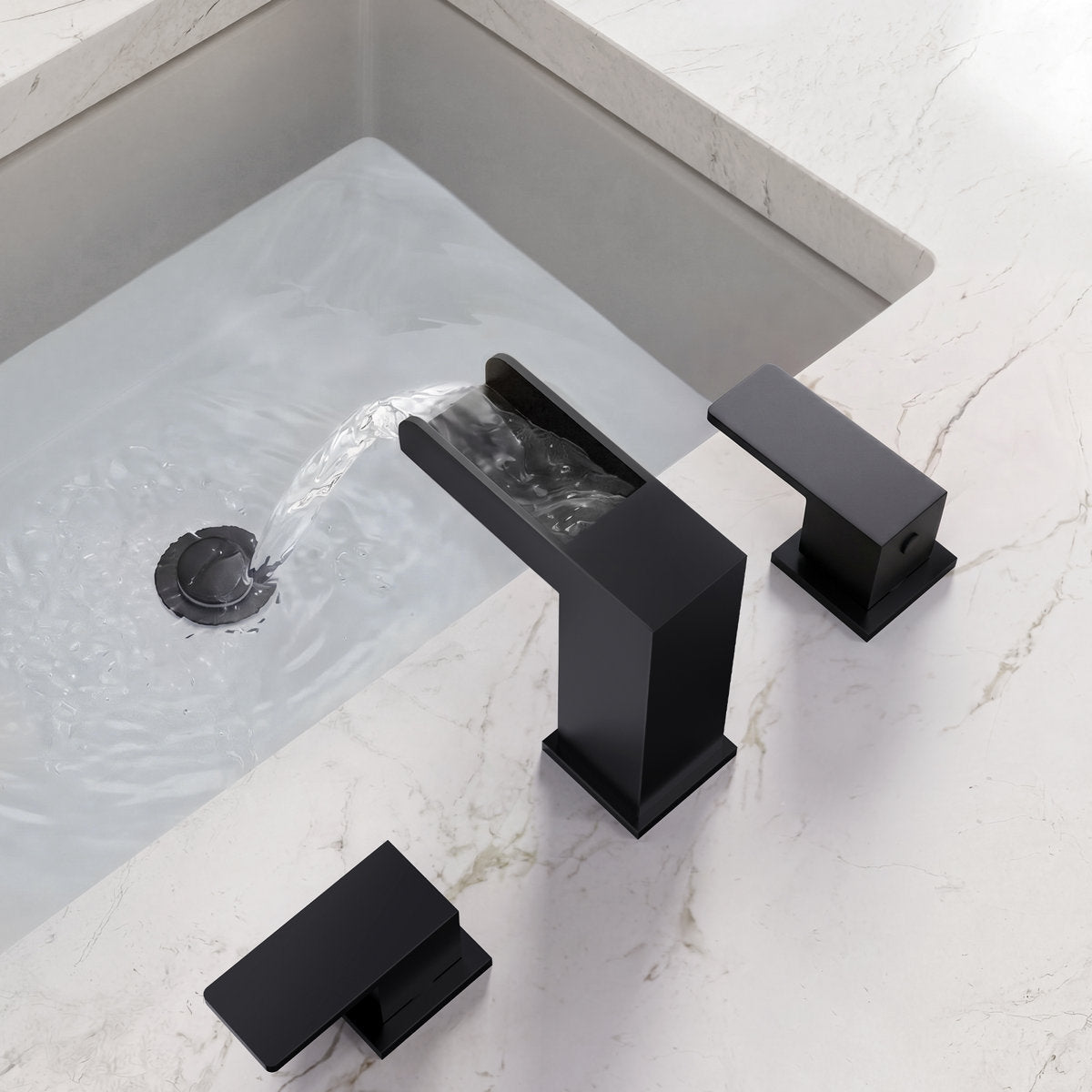 Widespread Bathroom Faucet 3 Hole, 2-Handle Bathroom Sink Faucet with Drain Assembly SFS-1117-BK - Matte Black