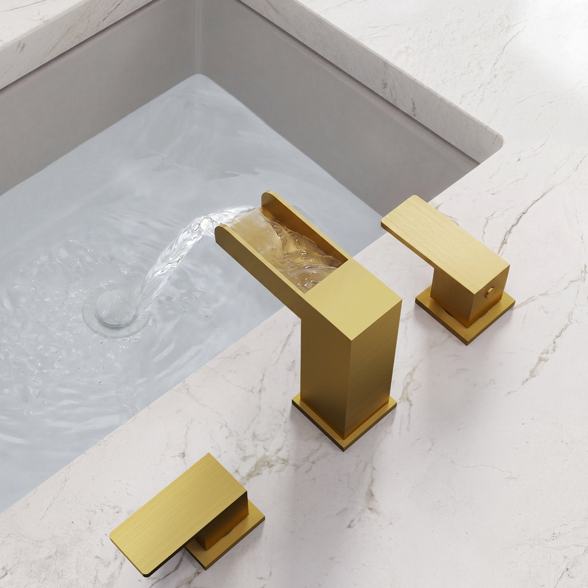 Widespread Bathroom Faucet 3 Hole, 2-Handle Bathroom Sink Faucet with Drain Assembly SFS-1117-GD - Brushed Gold