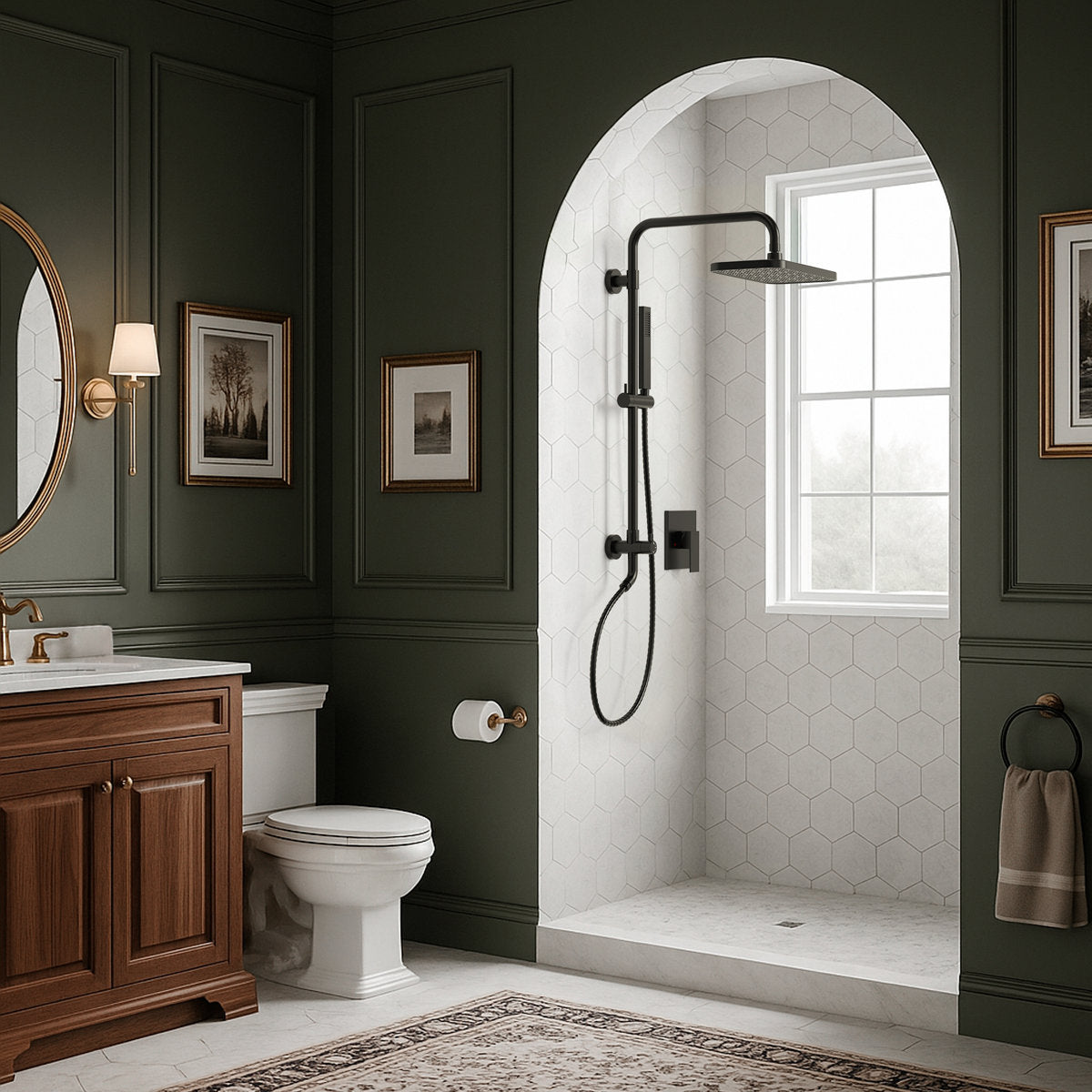 Wall Mount Pressure-Balanced Shower System, 13" Rainfall Shower Head with Slider Bar Handheld Spray SFS-1097-BK9 - Matte Black