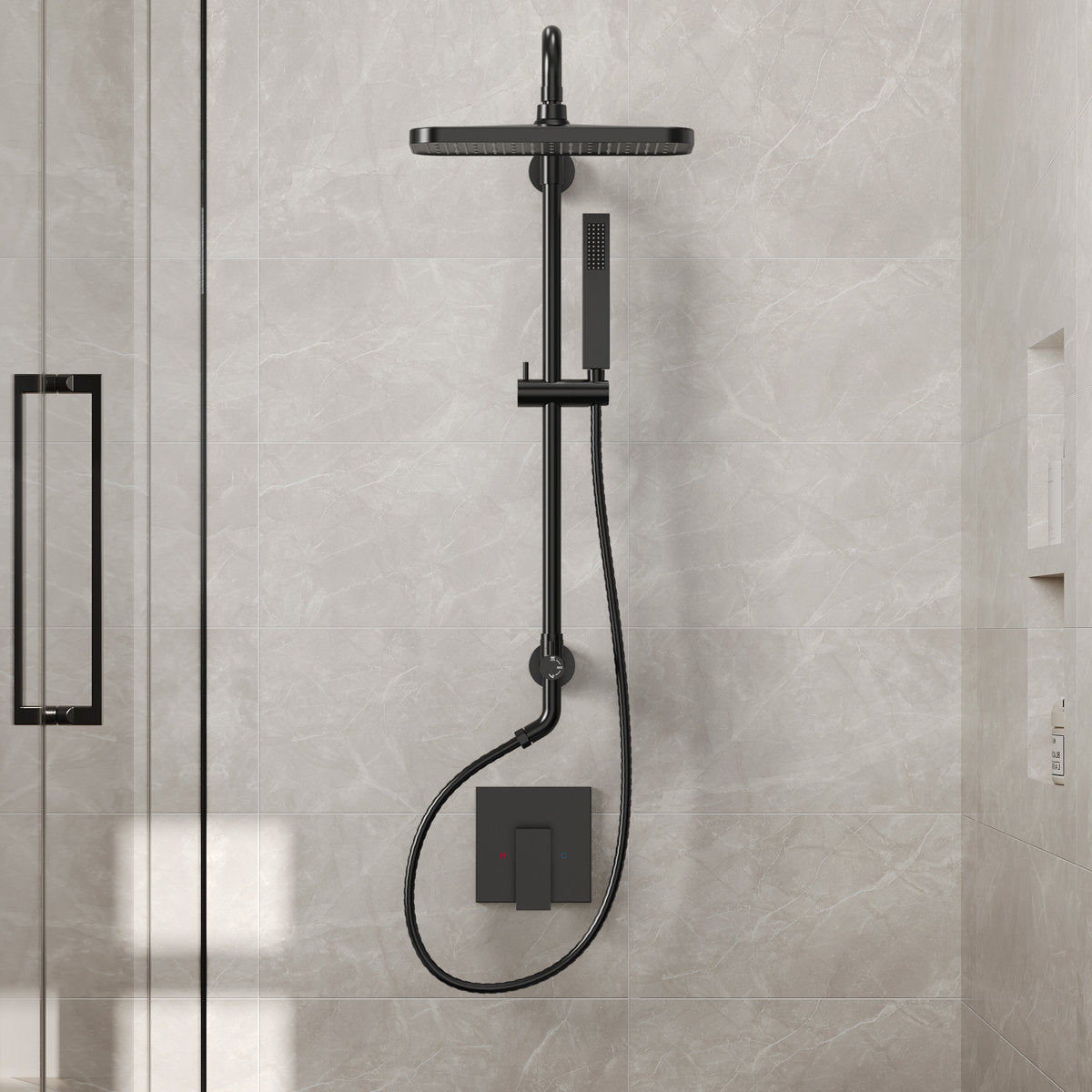 Wall Mount Pressure-Balanced Shower System, 13" Rainfall Shower Head with Slider Bar Handheld Spray SFS-1097-BK9 - Matte Black