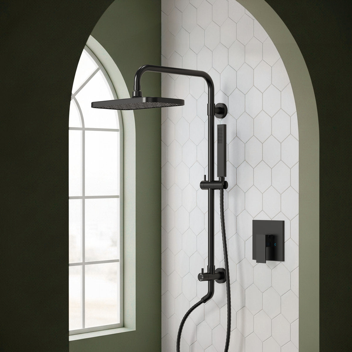 Wall Mount Pressure-Balanced Shower System, 13" Rainfall Shower Head with Slider Bar Handheld Spray SFS-1097-BK9 - Matte Black