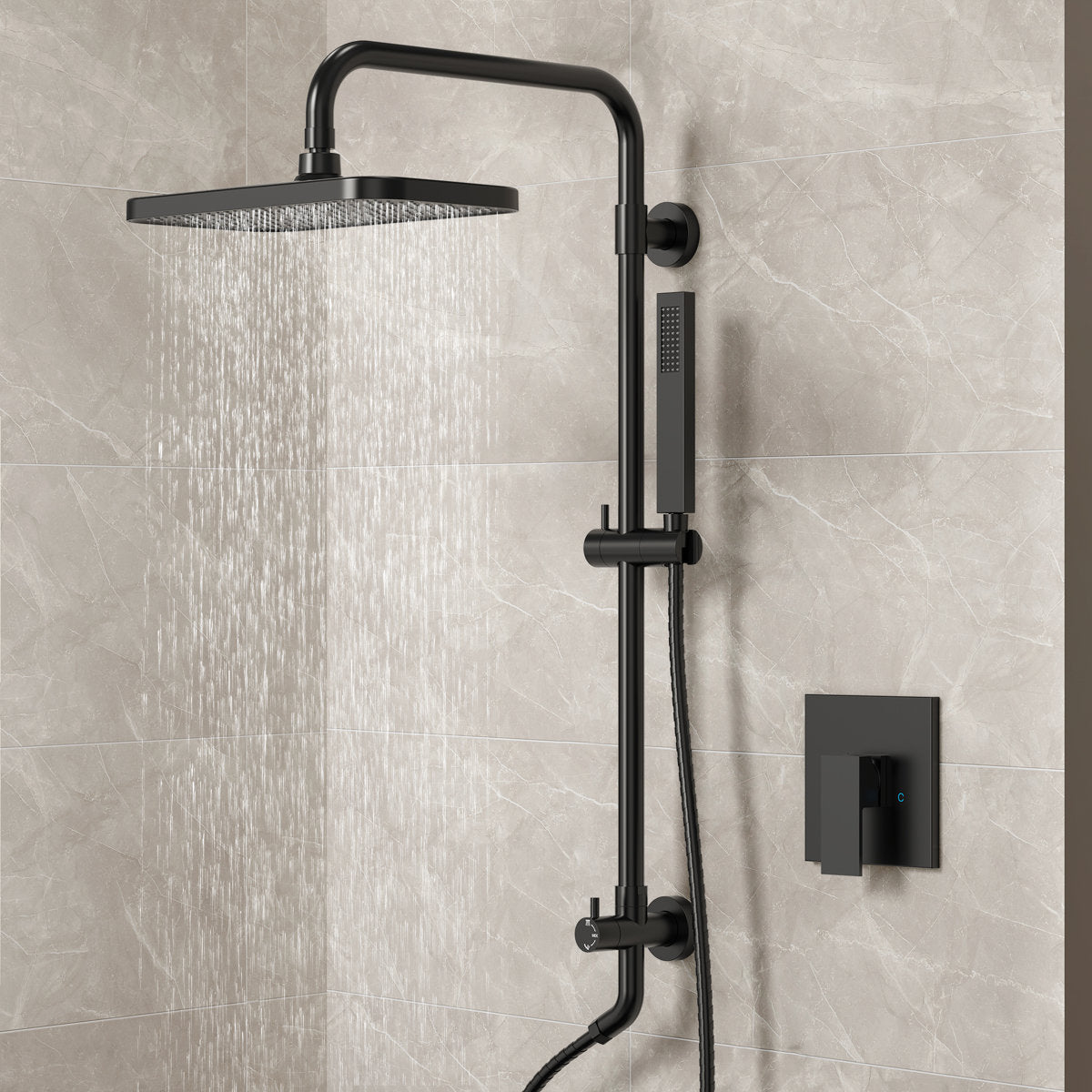 Wall Mount Pressure-Balanced Shower System, 13" Rainfall Shower Head with Slider Bar Handheld Spray SFS-1097-BK9 - Matte Black