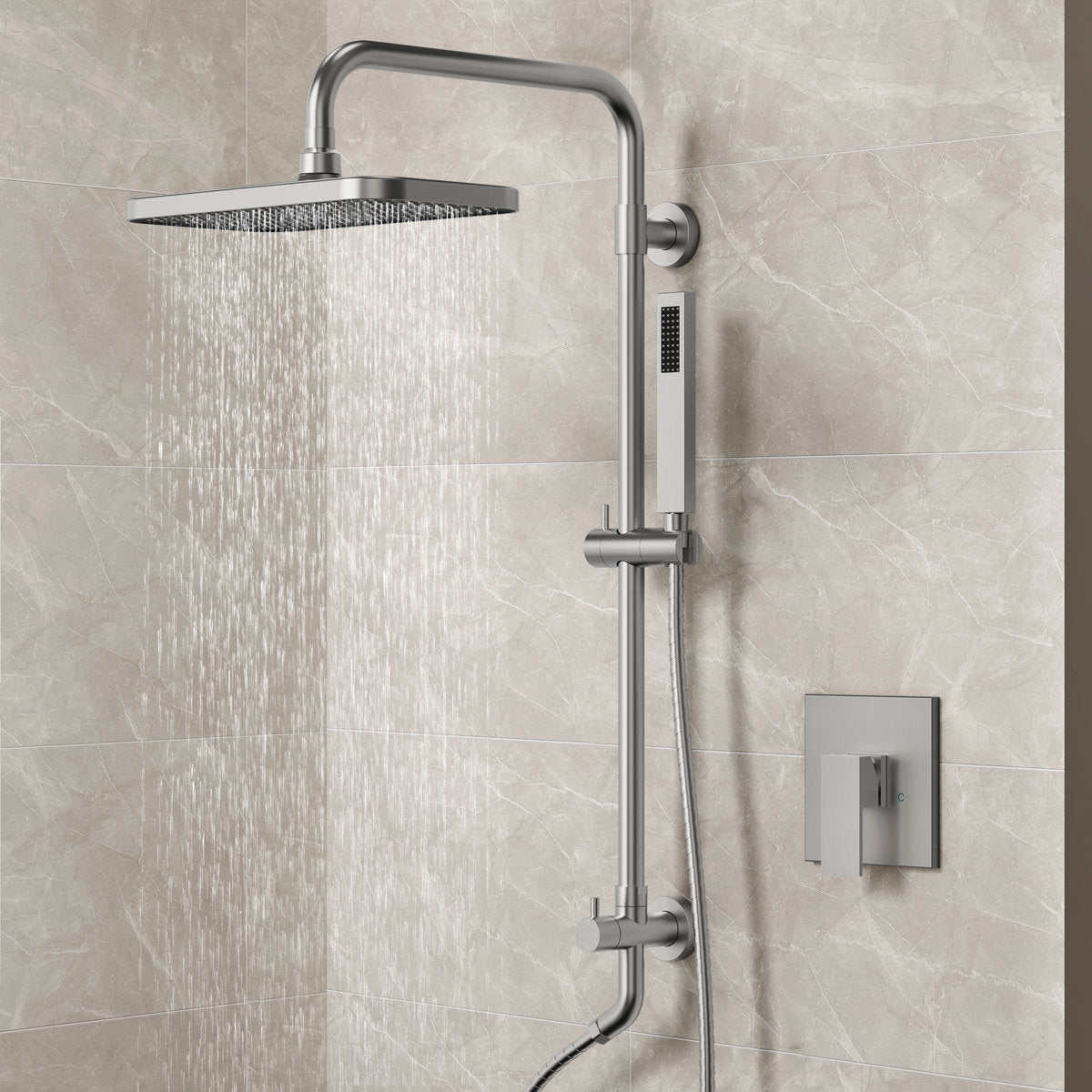 Wall Mount Pressure-Balanced Shower System, 13" Rainfall Shower Head with Slider Bar Handheld Spray SFS-1097-NK9 - Brushed Nickel