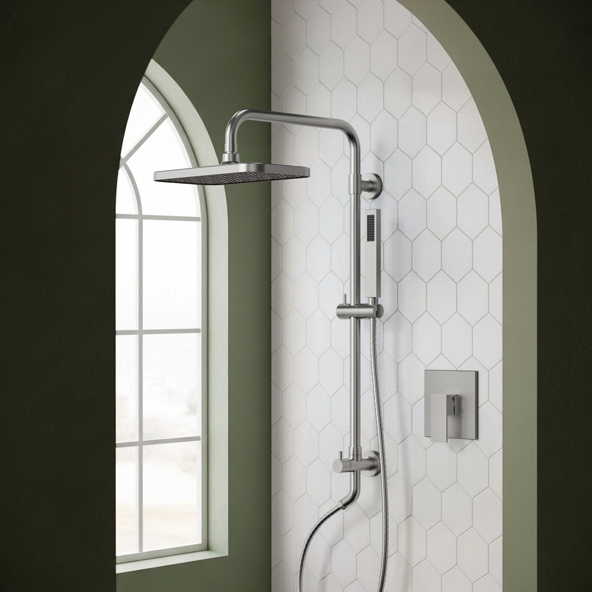 Wall Mount Pressure-Balanced Shower System, 13" Rainfall Shower Head with Slider Bar Handheld Spray SFS-1097-NK9 - Brushed Nickel