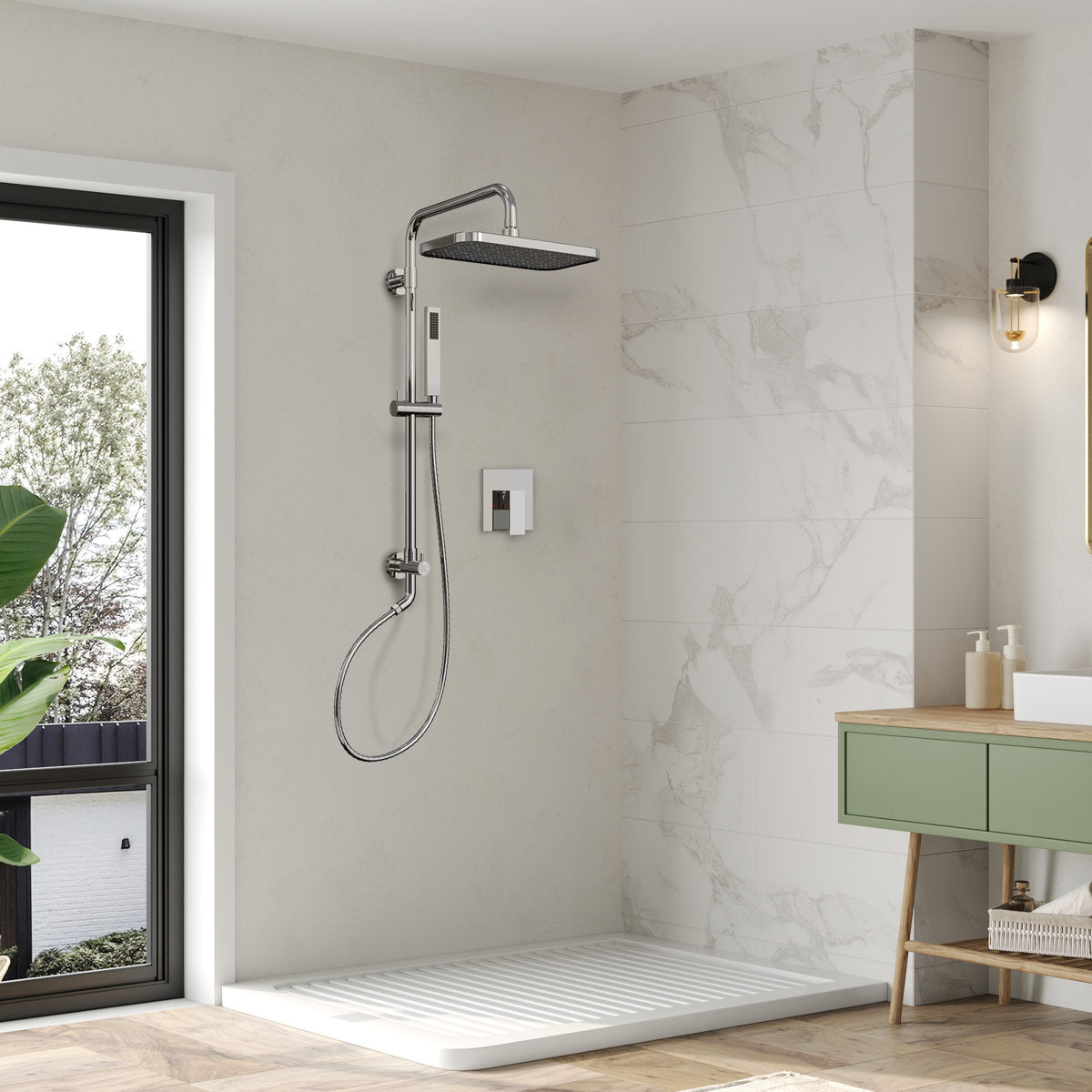 Wall Mount Pressure-Balanced Shower System, 13" Rainfall Shower Head with Slider Bar Handheld Spray SFS-1097-CH9 - Chrome