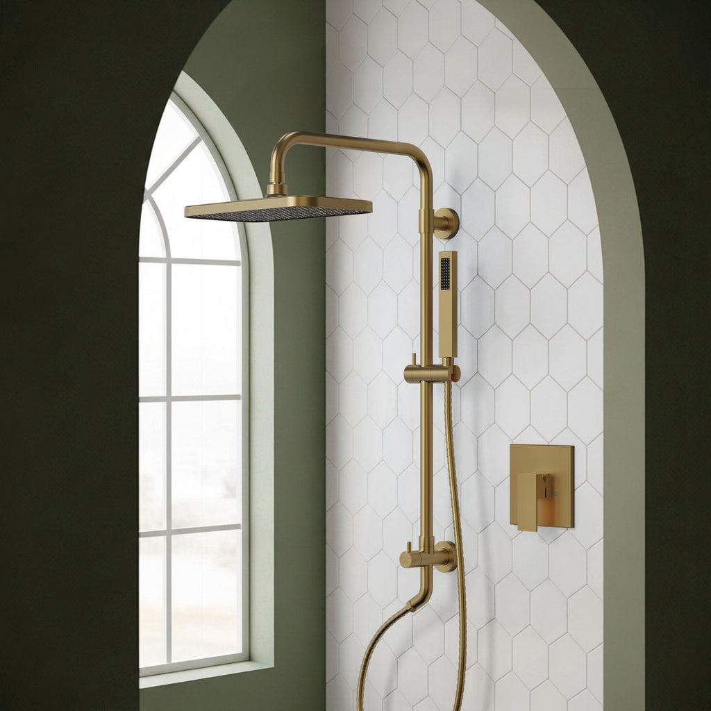 Wall Mount Pressure-Balanced Shower System, 13" Rainfall Shower Head with Slider Bar Handheld Spray SFS-1097-GD9 - Brushed Gold