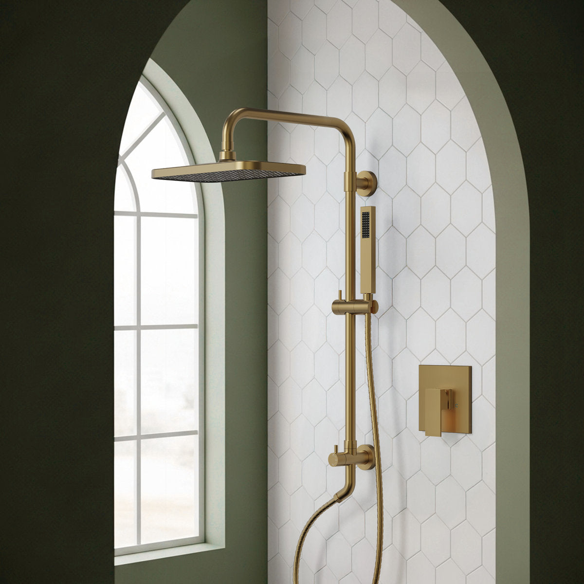 Wall Mount Pressure-Balanced Shower System, 13" Rainfall Shower Head with Slider Bar Handheld Spray SFS-1097-GD9 - Brushed Gold