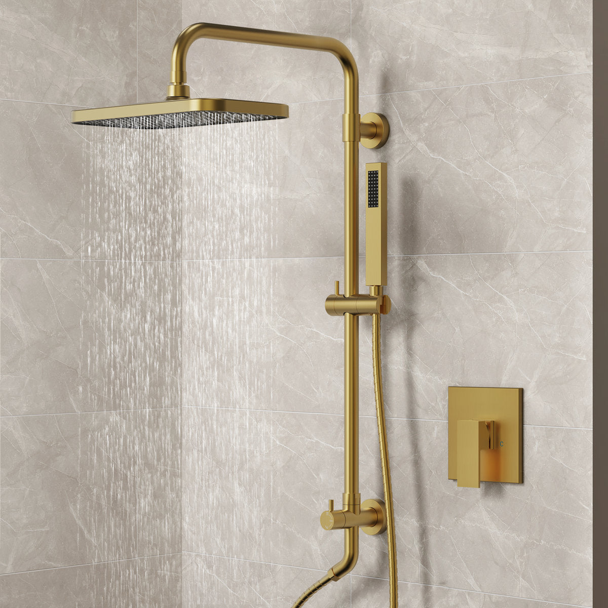 Wall Mount Pressure-Balanced Shower System, 13" Rainfall Shower Head with Slider Bar Handheld Spray SFS-1097-GD9 - Brushed Gold