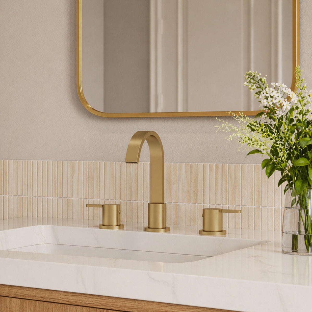Widespread Bathroom Faucet 3 Hole, 2-handle Bathroom Sink Faucet with Drain Assembly SFS-1115-GD - Brushed Gold