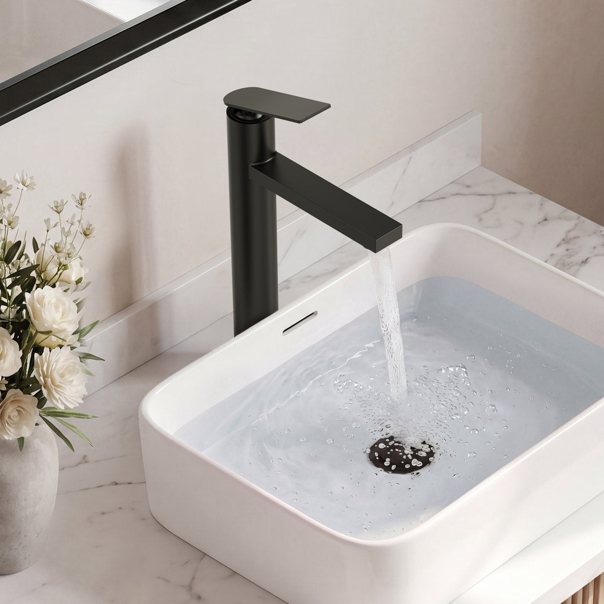 Single Hole Vessel Bathroom Faucet, Single Handle Vessel Bathroom Sink Faucet with Drain Assembly SFS-1123-BK - Matte Black