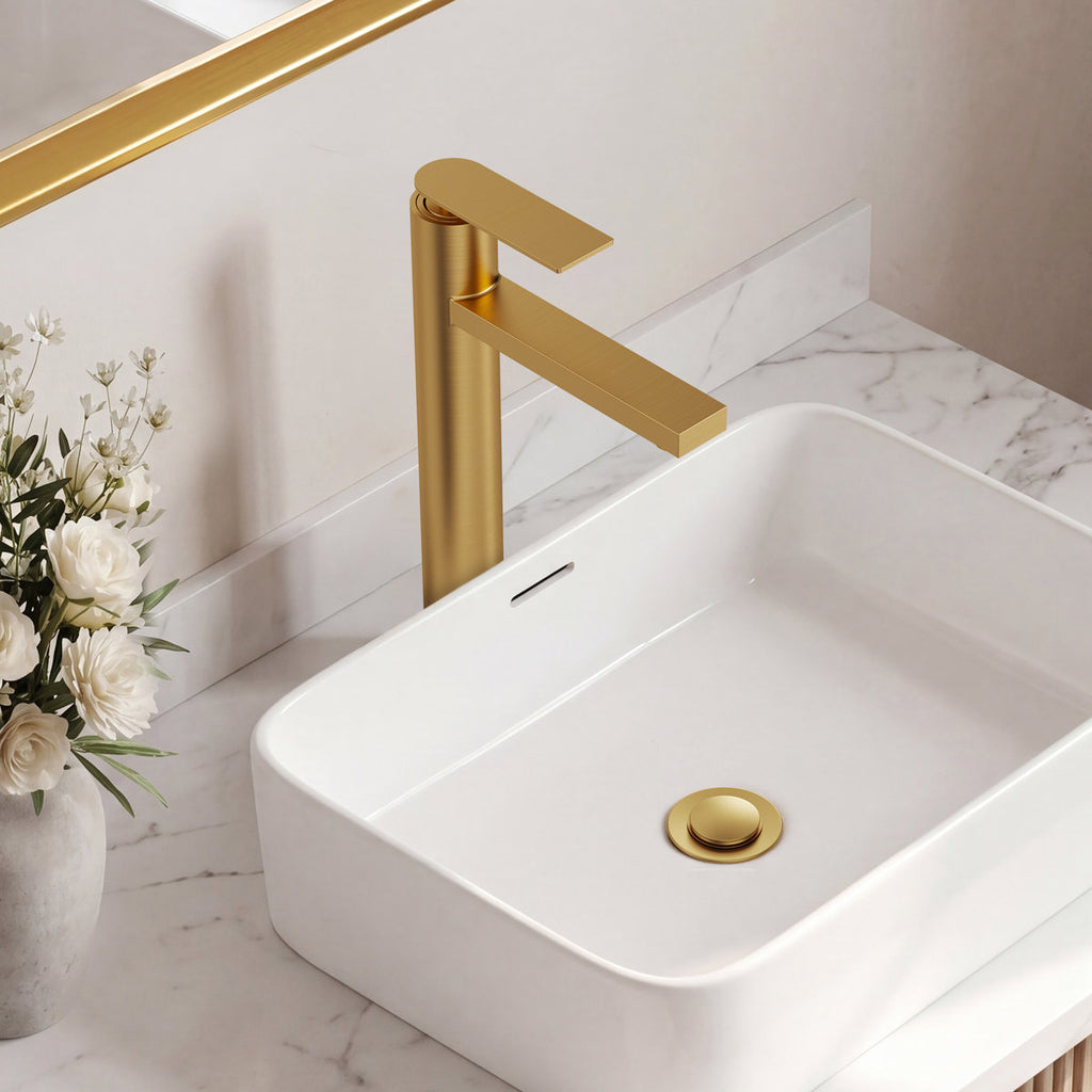 Single Hole Vessel Bathroom Faucet, Single Handle Vessel Bathroom Sink Faucet with Drain Assembly SFS-1123-GD - Brushed Gold
