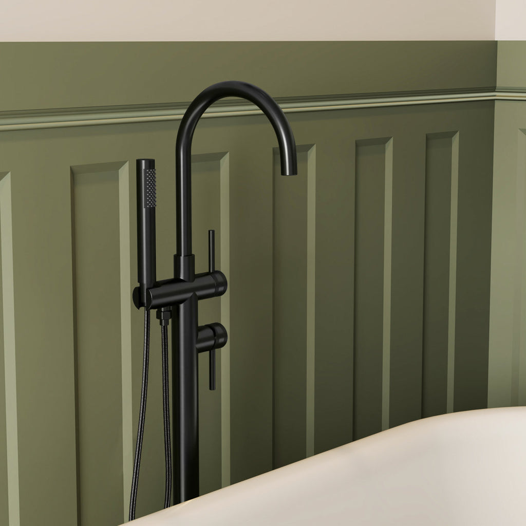 Freestanding Floor Mount Tub Filler Faucet with Handheld Shower SFS-1093-BK - Matte Black