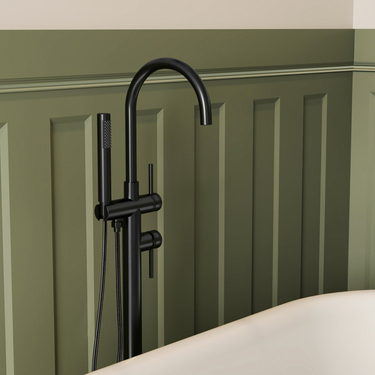 Freestanding Floor Mount Tub Filler Faucet with Handheld Shower SFS-1093-BK - Matte Black