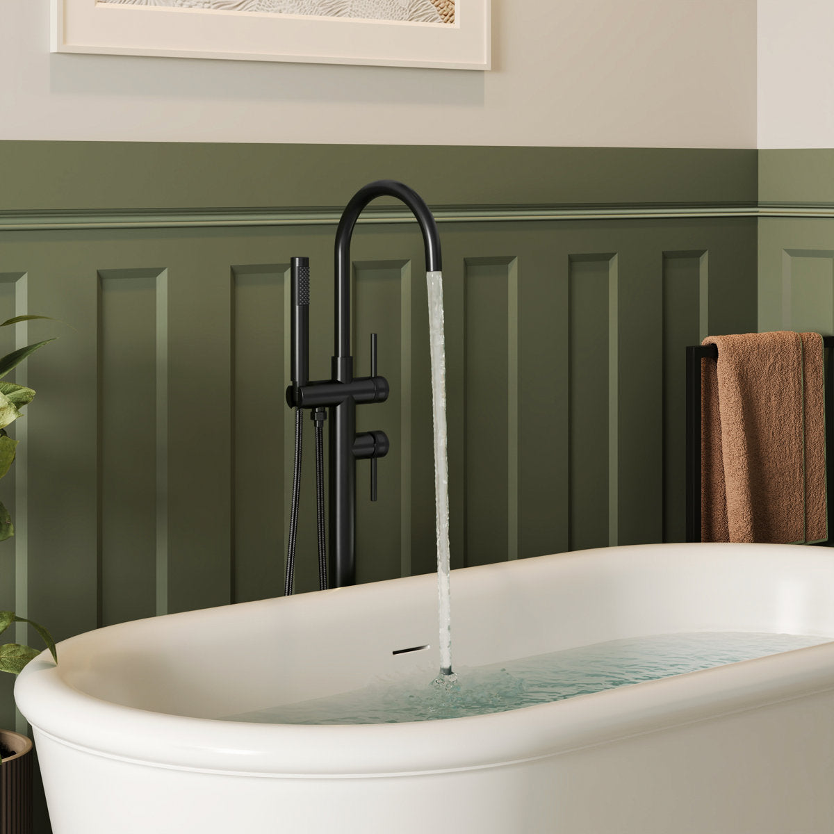 Freestanding Floor Mount Tub Filler Faucet with Handheld Shower SFS-1093-BK - Matte Black