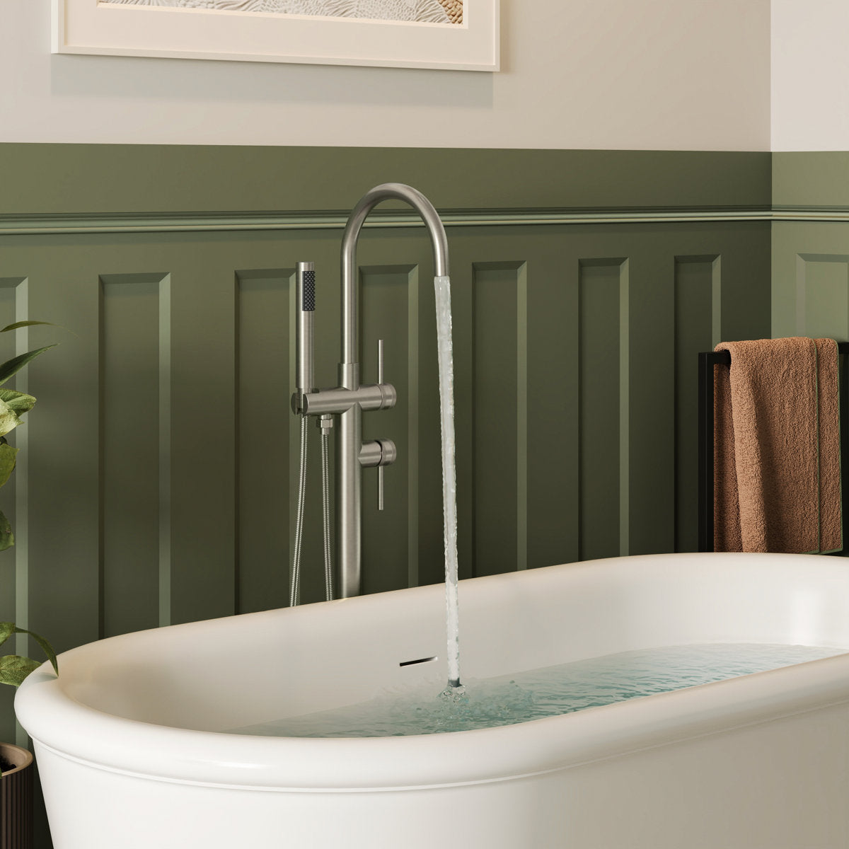2 Handle Freestanding Floor Mount Tub Filler Faucet with Handheld Shower SFS-1093-NK - Brushed Nickel