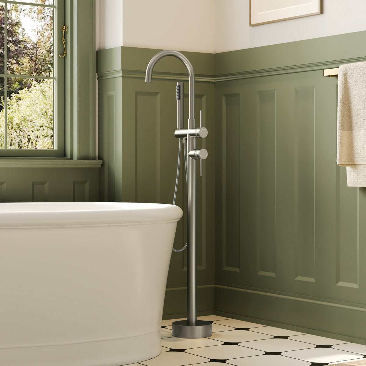 2 Handle Freestanding Floor Mount Tub Filler Faucet with Handheld Shower SFS-1093-NK - Brushed Nickel
